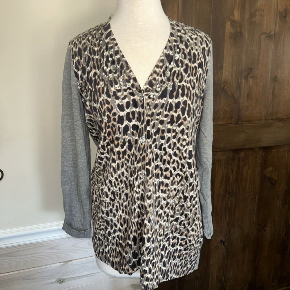 E167 Chico Size 2 Gray & Brown Animal Print Rhinestone Button Up